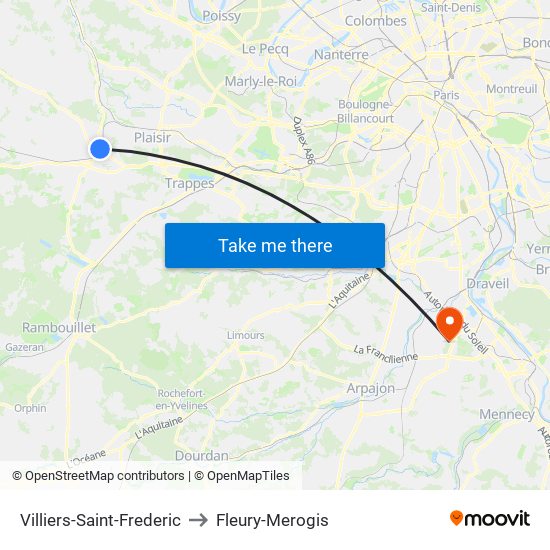 Villiers-Saint-Frederic to Fleury-Merogis map