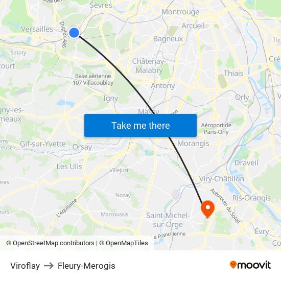 Viroflay to Fleury-Merogis map