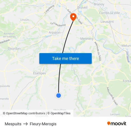 Mespuits to Fleury-Merogis map