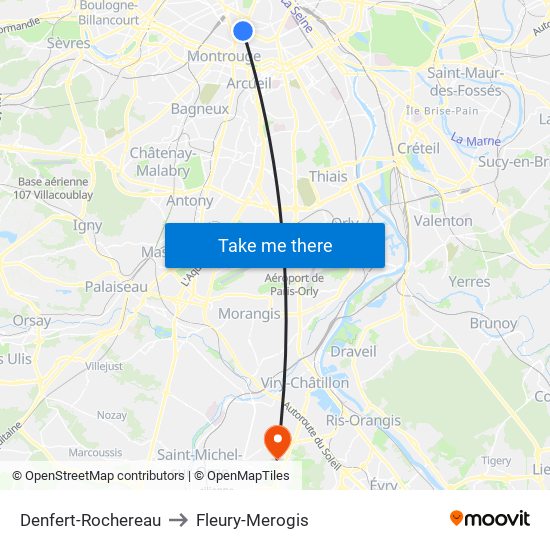 Denfert-Rochereau to Fleury-Merogis map