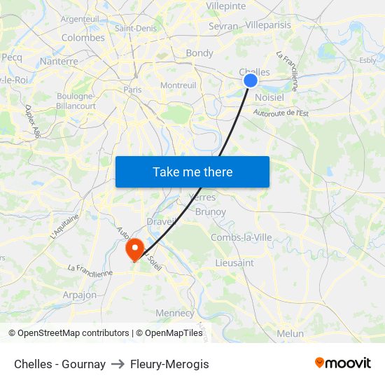 Chelles - Gournay to Fleury-Merogis map