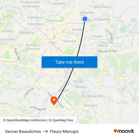 Sevran Beaudottes to Fleury-Merogis map