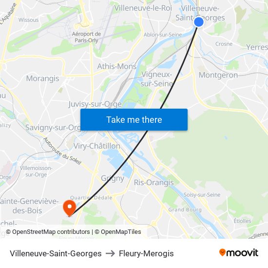 Villeneuve-Saint-Georges to Fleury-Merogis map