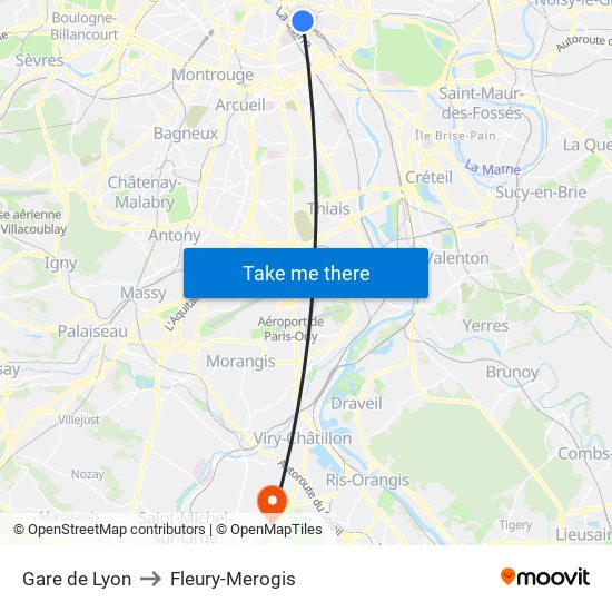 Gare de Lyon to Fleury-Merogis map