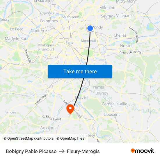 Bobigny Pablo Picasso to Fleury-Merogis map