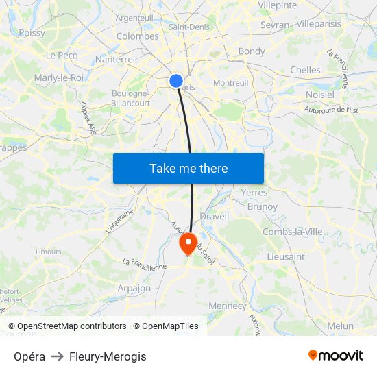 Opéra to Fleury-Merogis map