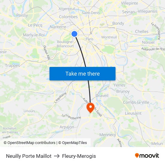 Neuilly Porte Maillot to Fleury-Merogis map