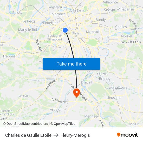 Charles de Gaulle Etoile to Fleury-Merogis map