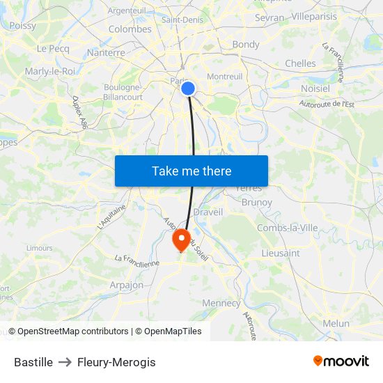Bastille to Fleury-Merogis map
