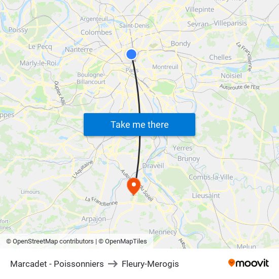 Marcadet - Poissonniers to Fleury-Merogis map