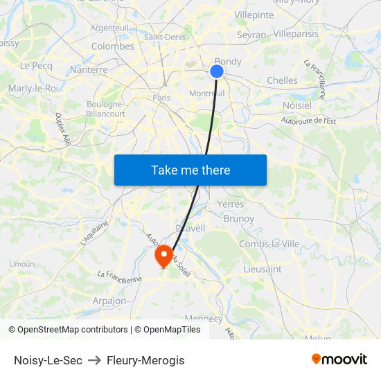 Noisy-Le-Sec to Fleury-Merogis map