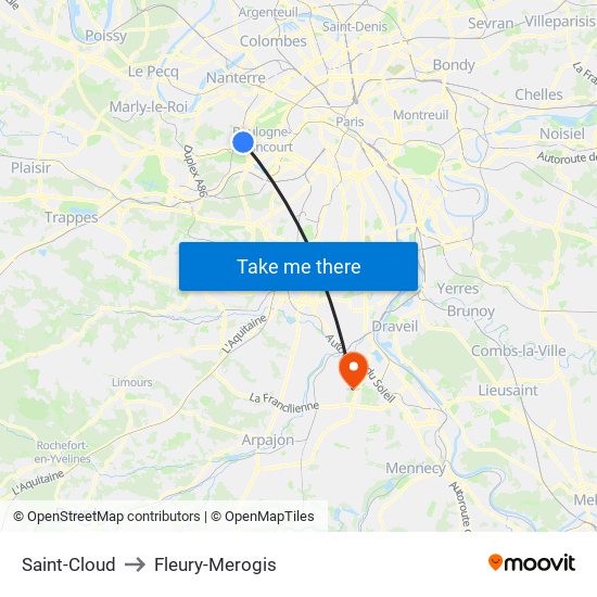 Saint-Cloud to Fleury-Merogis map