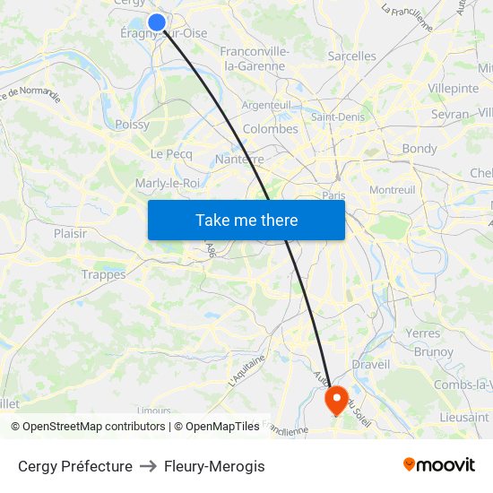 Cergy Préfecture to Fleury-Merogis map