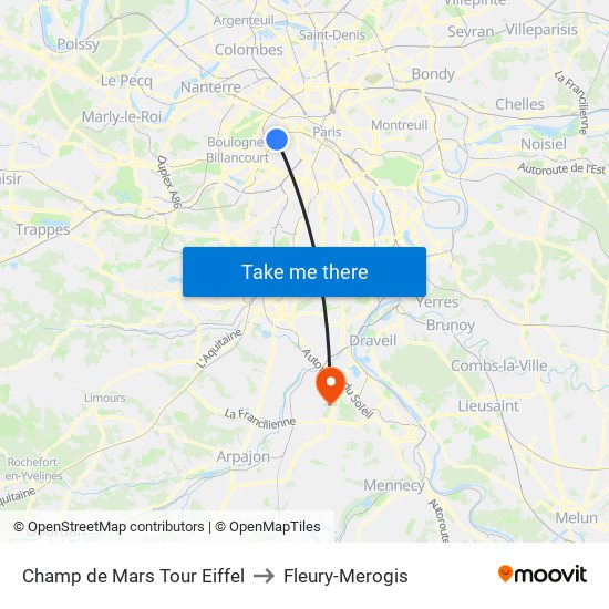 Champ de Mars Tour Eiffel to Fleury-Merogis map