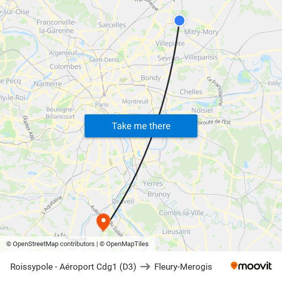 Roissypole - Aéroport Cdg1 (D3) to Fleury-Merogis map