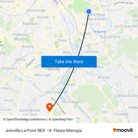 Joinville-Le-Pont RER to Fleury-Merogis map