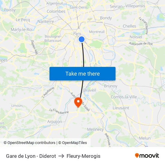 Gare de Lyon - Diderot to Fleury-Merogis map