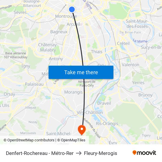 Denfert-Rochereau - Métro-Rer to Fleury-Merogis map