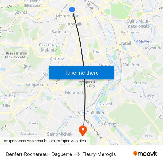 Denfert-Rochereau - Daguerre to Fleury-Merogis map