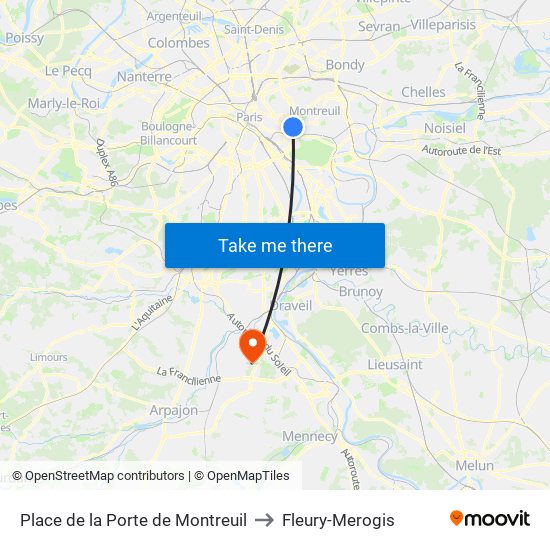 Place de la Porte de Montreuil to Fleury-Merogis map