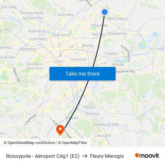 Roissypole - Aéroport Cdg1 (E2) to Fleury-Merogis map