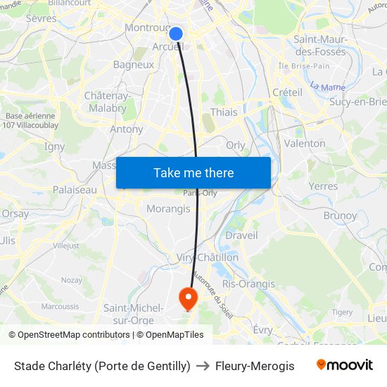 Stade Charléty (Porte de Gentilly) to Fleury-Merogis map