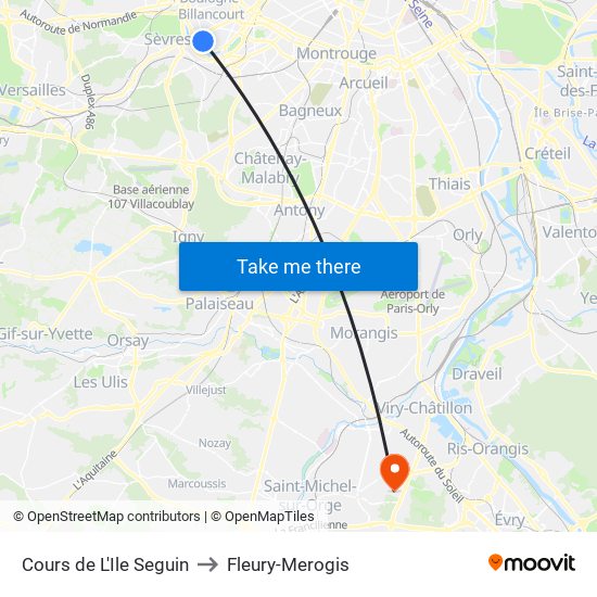 Cours de L'Ile Seguin to Fleury-Merogis map