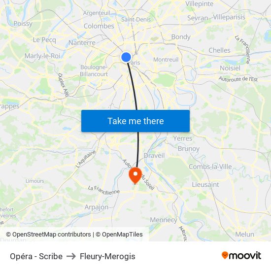 Opéra - Scribe to Fleury-Merogis map