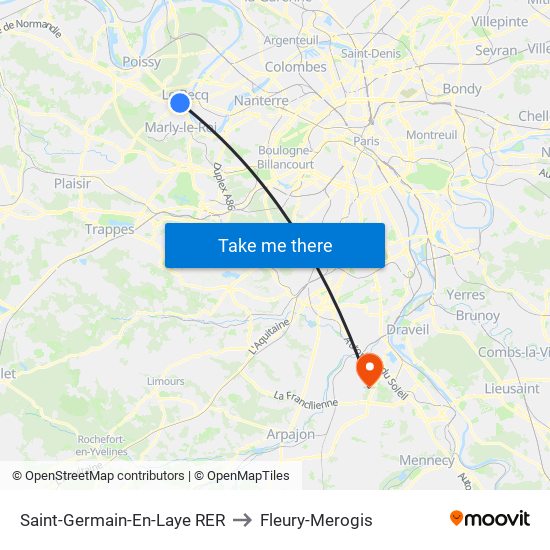 Saint-Germain-En-Laye RER to Fleury-Merogis map