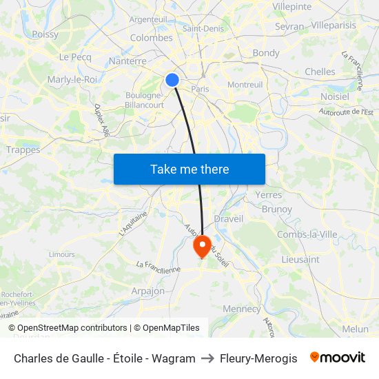 Charles de Gaulle - Étoile - Wagram to Fleury-Merogis map