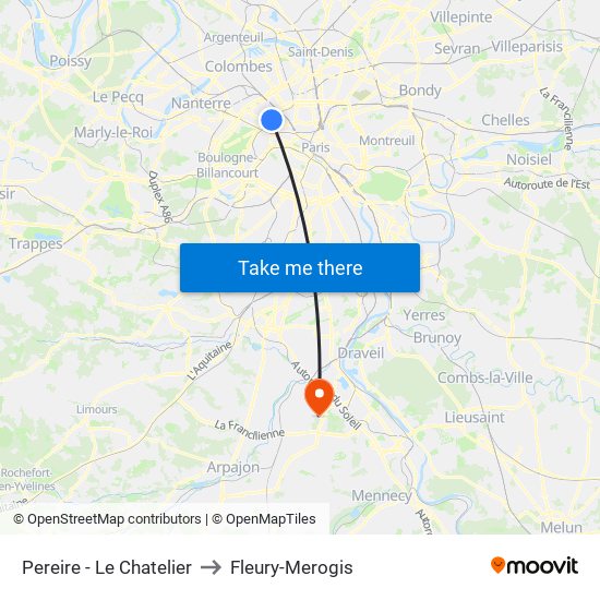 Pereire - Le Chatelier to Fleury-Merogis map