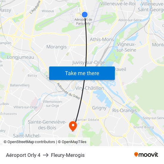 Aéroport Orly 4 to Fleury-Merogis map