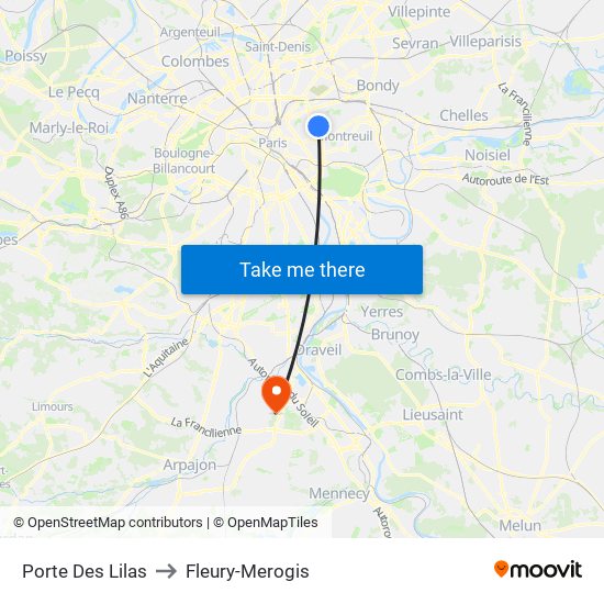 Porte Des Lilas to Fleury-Merogis map