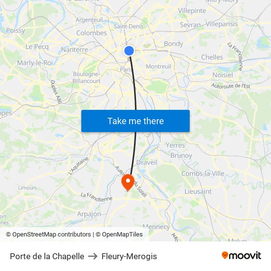 Porte de la Chapelle to Fleury-Merogis map