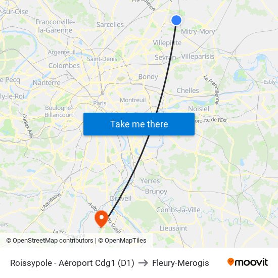 Roissypole - Aéroport Cdg1 (D1) to Fleury-Merogis map