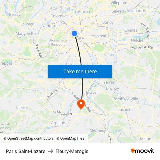 Paris Saint-Lazare to Fleury-Merogis map