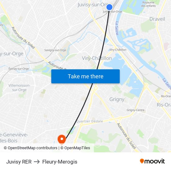 Juvisy RER to Fleury-Merogis map