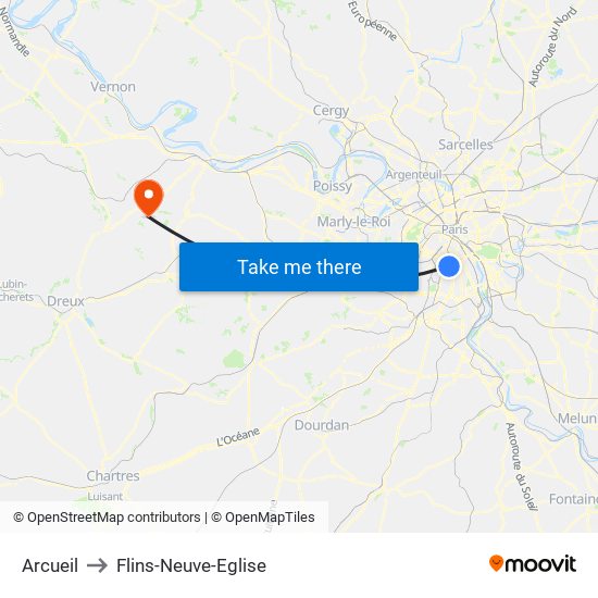 Arcueil to Flins-Neuve-Eglise map