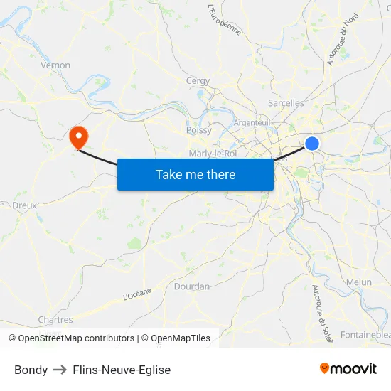 Bondy to Flins-Neuve-Eglise map