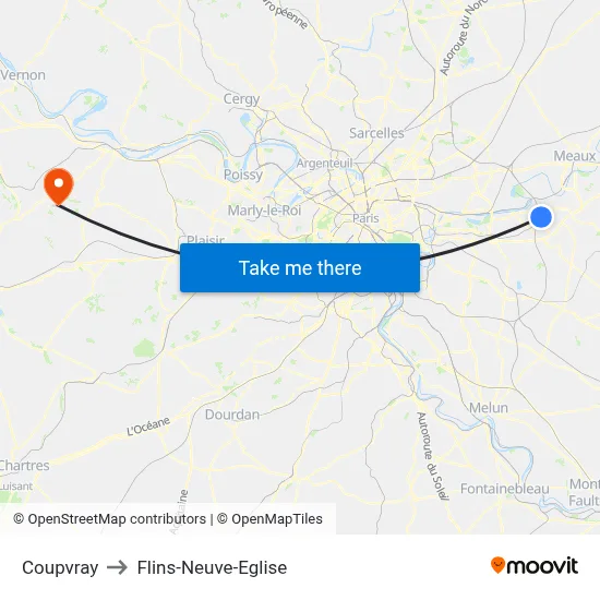 Coupvray to Flins-Neuve-Eglise map
