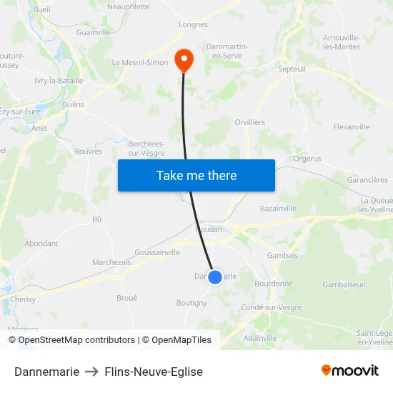 Dannemarie to Flins-Neuve-Eglise map