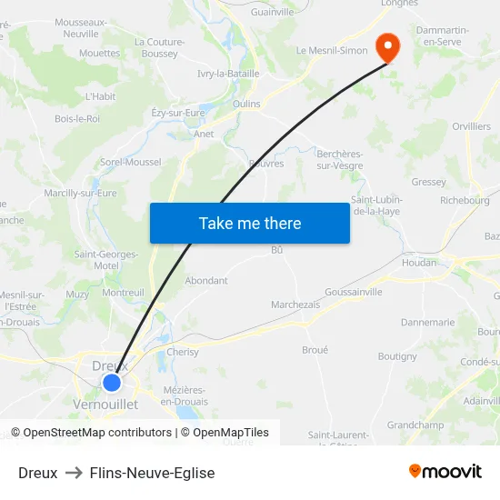 Dreux to Flins-Neuve-Eglise map