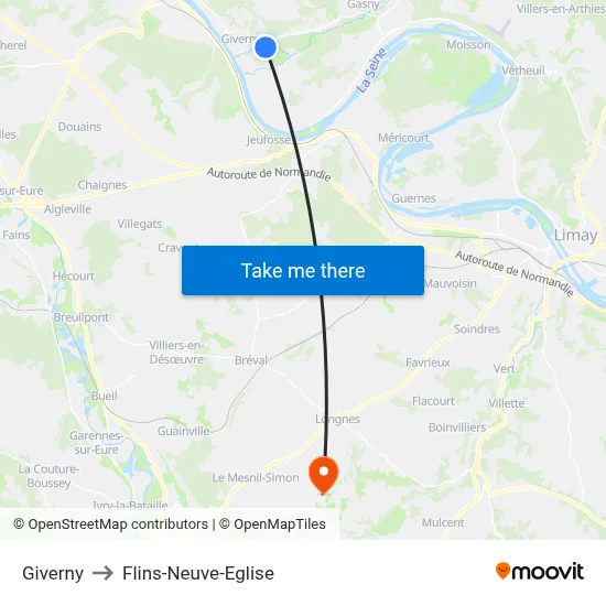 Giverny to Flins-Neuve-Eglise map