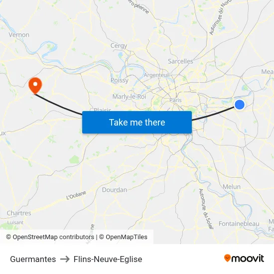 Guermantes to Flins-Neuve-Eglise map