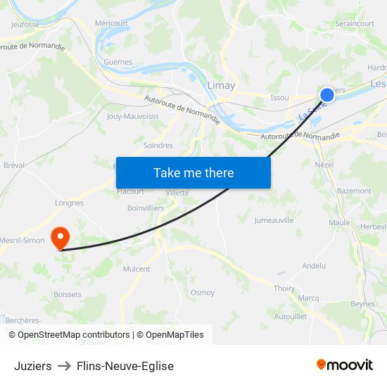Juziers to Flins-Neuve-Eglise map