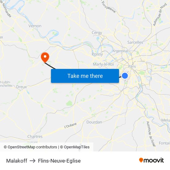 Malakoff to Flins-Neuve-Eglise map