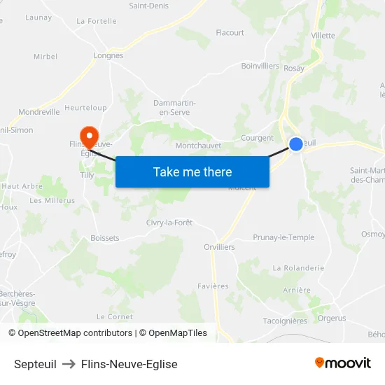 Septeuil to Flins-Neuve-Eglise map