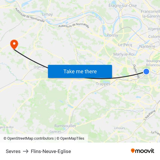 Sevres to Flins-Neuve-Eglise map