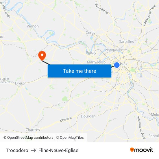 Trocadéro to Flins-Neuve-Eglise map