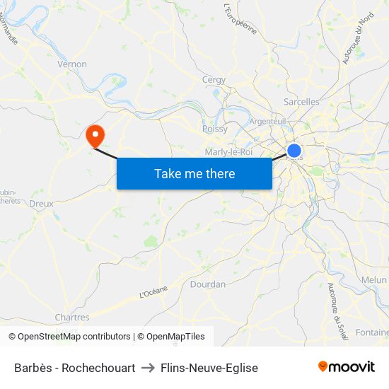 Barbès - Rochechouart to Flins-Neuve-Eglise map